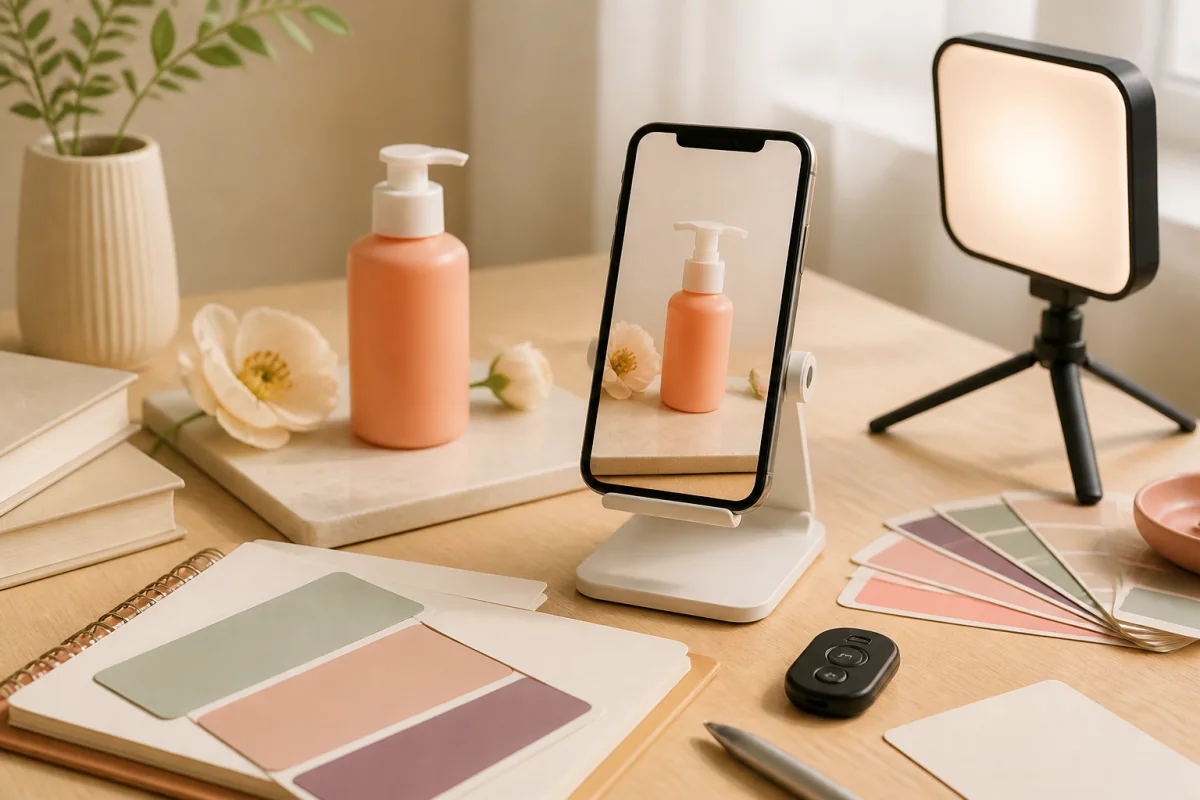 スマートフォンで商品撮影をする制作デスク