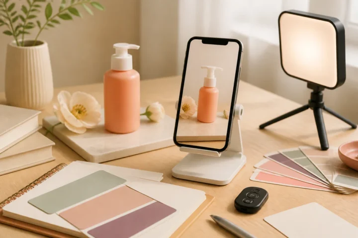 スマートフォンで商品撮影をする制作デスク
